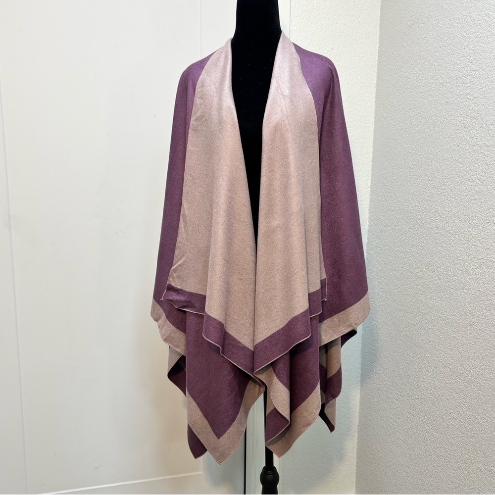 Top It Off Reversible Ruana Wrap Poncho Shawl Purple Taupe OS Viscose Layering